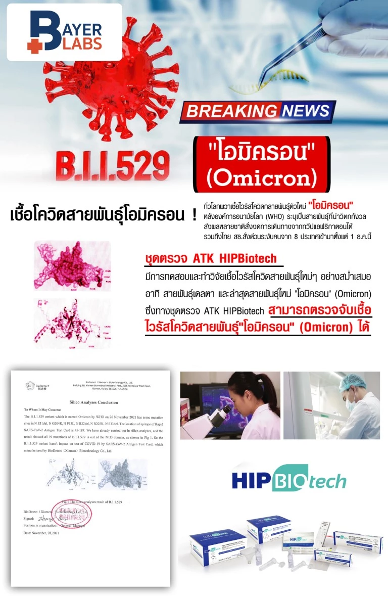 ชุดตรวจ ATK HIPBiotech สามารถตรวจจับเชื้อไวรัสโควิดสายพันธุ์โอมิครอนได้